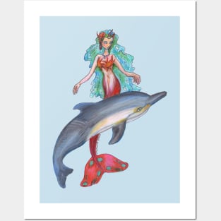 Mermaid Dolphin Woman Girl Female Swimming Ocean Animal Cetacean Aquatic Waves Red Blue Posters and Art